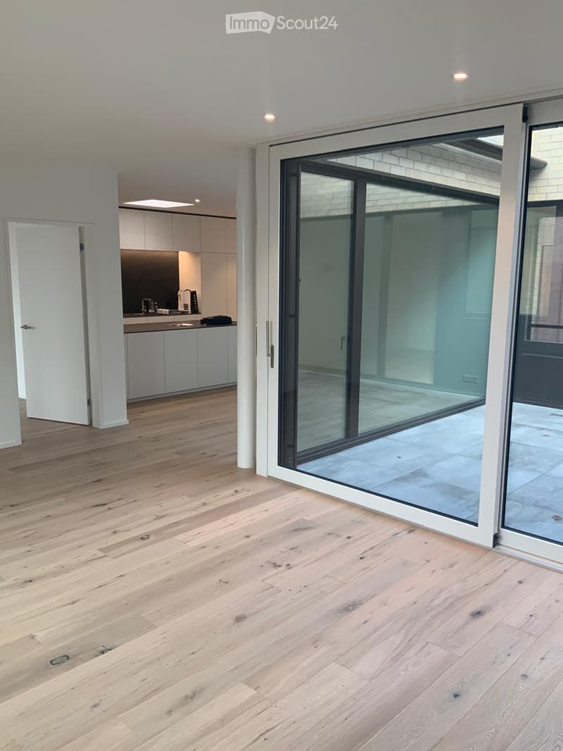 Bright, open-plan space with light wooden flooring and large glass sliding doors leading to an outdoor area. The kitchen area is visible in the background with white cabinets and a countertop.