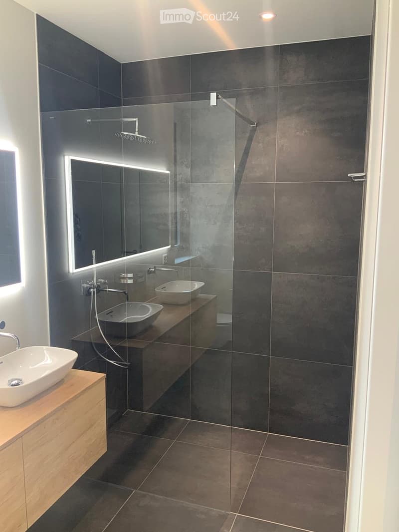 Modern bathroom with dark grey tiles, a glass-enclosed shower, two sinks on wooden vanities, and a large illuminated mirror.