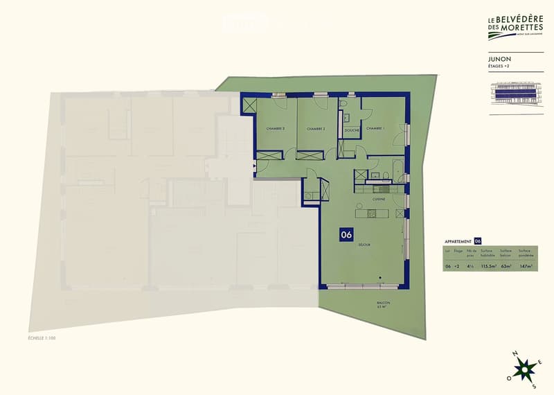 Floor plan of a 4.5-room apartment with a living room, kitchen, three bedrooms, and a bathroom, featuring a balcony.