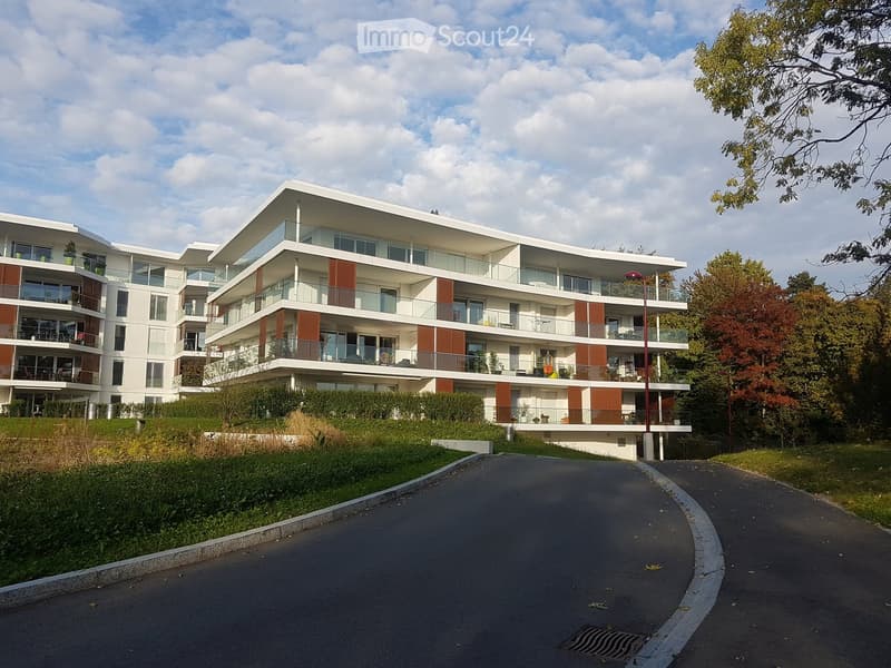 Modern multi-story residential building with white and brown facade, large windows, and balconies.
