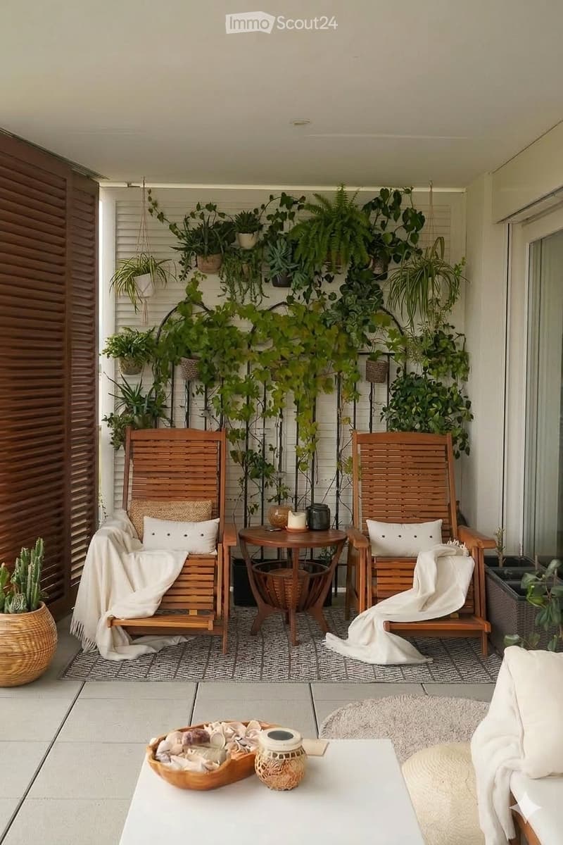 Balcony with wooden lounge chairs, small round table, hanging plants, and decorative items.