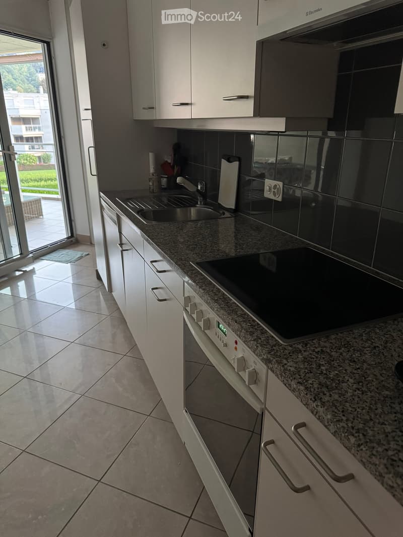 Modern kitchen with white cabinets, granite countertop, stainless steel sink, induction cooktop, and built-in oven. Large window provides natural light.