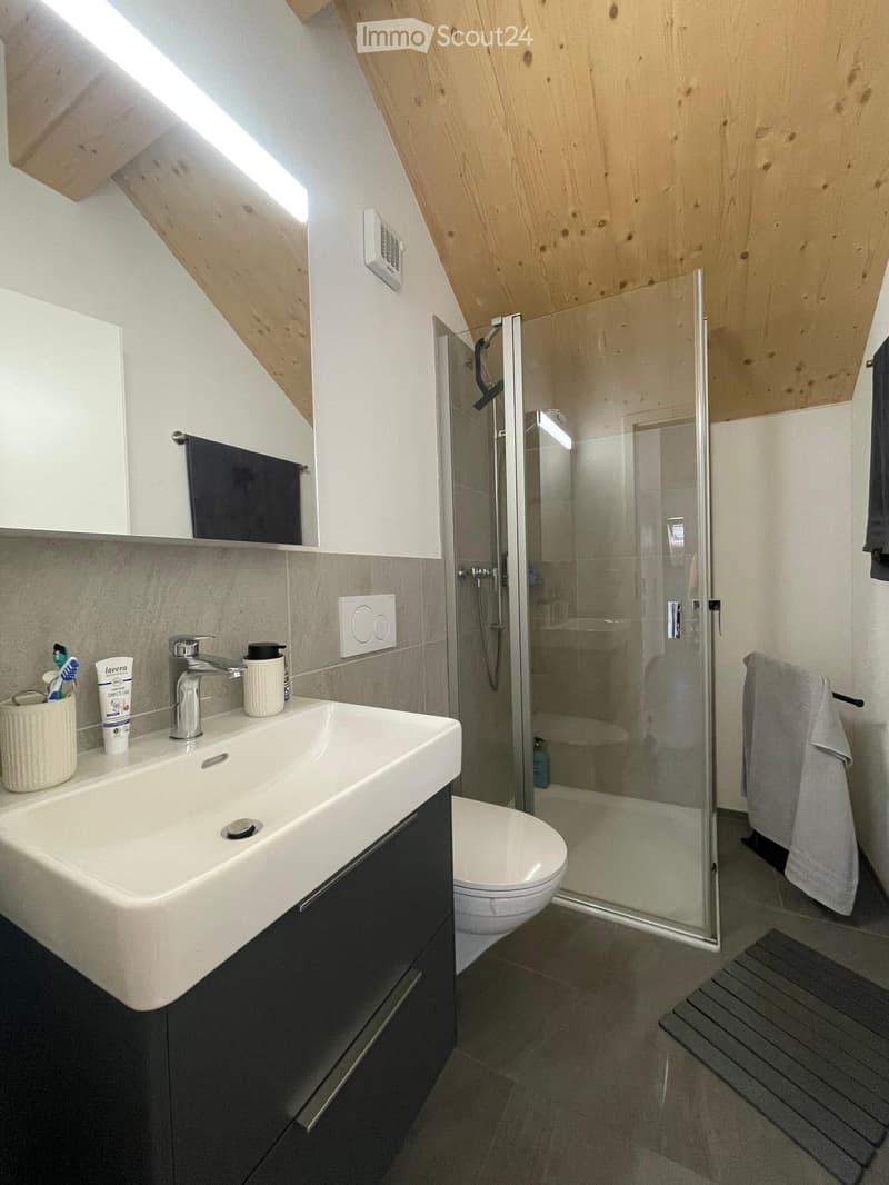 Modern bathroom with a white sink, chrome faucet, toothbrush holder, and a glass-enclosed shower. The room features wooden slanted ceilings and grey tiled walls.