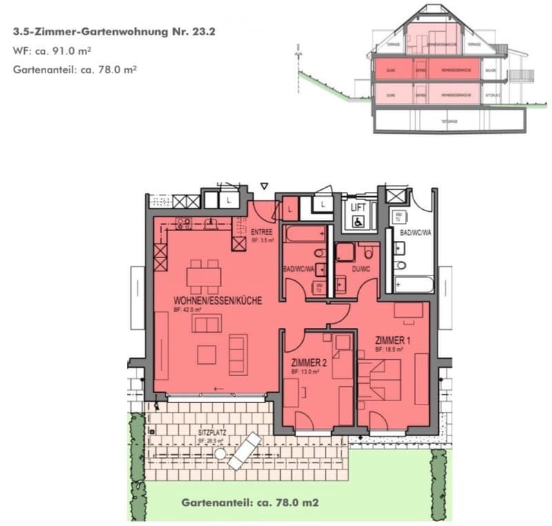 Floor plan of a 3.5-room garden apartment with a living/dining area, kitchen, two bedrooms, two bathrooms, and a balcony.