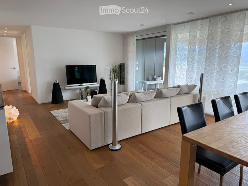 Modern living room with a large sectional sofa, coffee table, dining table with chairs, TV, floor lamp, and plants.