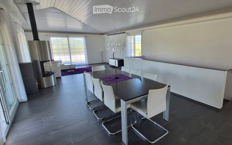 Modern dining and living area with a sleek black dining table, white chairs, a cozy sofa, a contemporary fireplace, and a chandelier hanging from the ceiling.