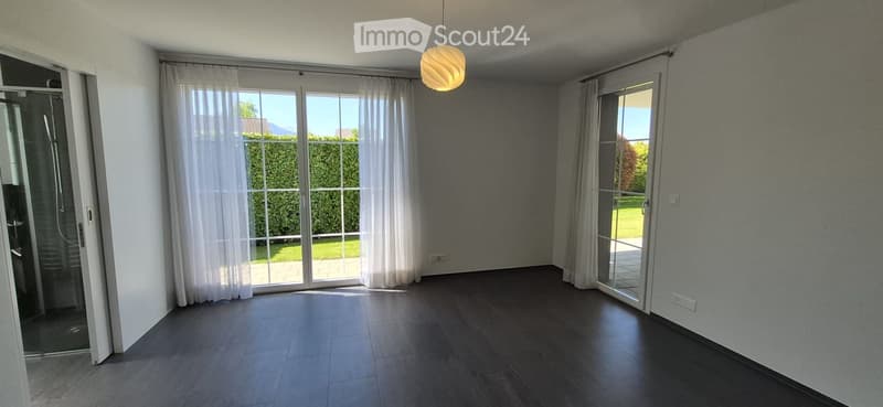Empty room with dark wooden flooring, large glass sliding doors with white curtains, and a modern pendant light fixture.