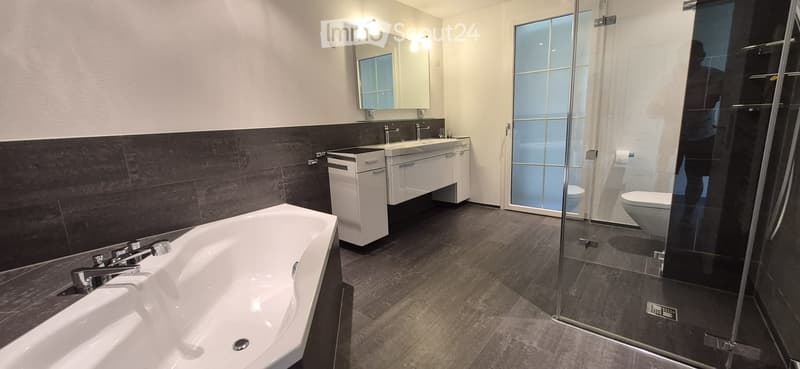 Modern bathroom with a large bathtub, double sink vanity, mirror, and a glass-enclosed shower area with a toilet.