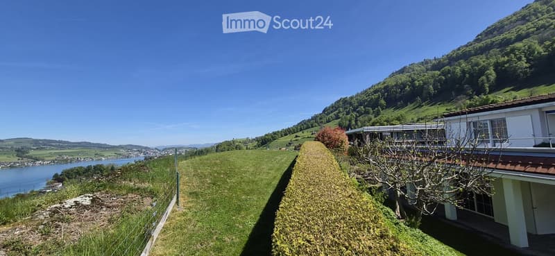A scenic outdoor view showing a house on a hillside overlooking a river and valley, with lush green grass and trees in the background.