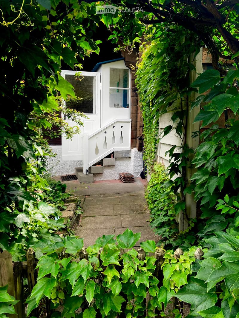 A narrow garden path leads to a small white shed with a staircase, surrounded by lush green ivy and foliage.