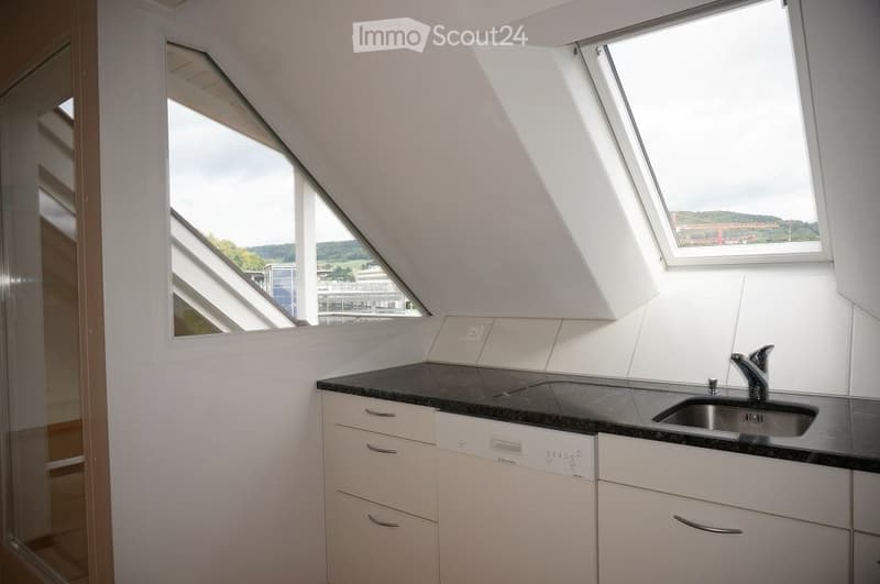 Modern kitchen with white cabinets, black countertop, stainless steel sink, and built-in dishwasher. Large skylight windows provide natural light.