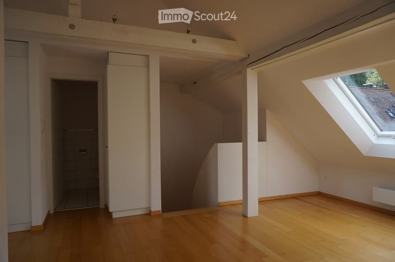 Empty attic room with wooden flooring, white walls, exposed wooden beams, and a skylight window. No furniture or equipment present.
