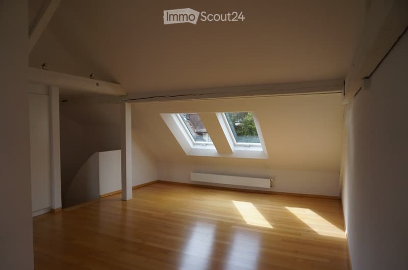 Empty attic room with wooden flooring, white walls, and skylight windows allowing natural light to enter.