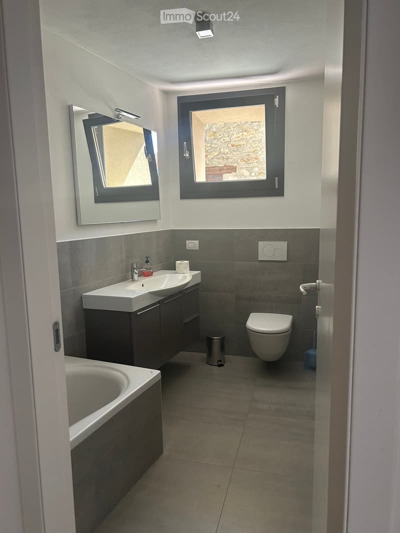 Modern bathroom with a white sink, dark cabinet, toilet, bathtub, and a large mirror above the sink. Grey tiles on lower walls and a window with a stone view.