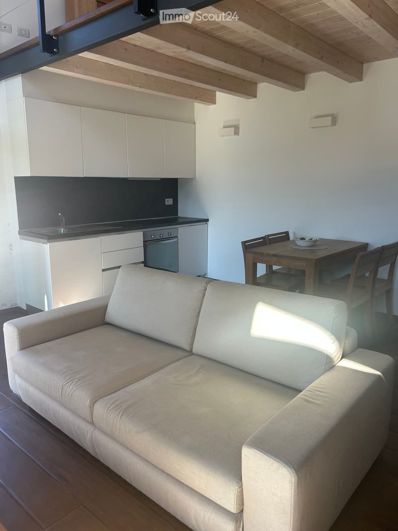 Modern living and dining area with a light-colored sofa, a wooden dining table with chairs, and a compact kitchen featuring white cabinets and stainless steel appliances.
