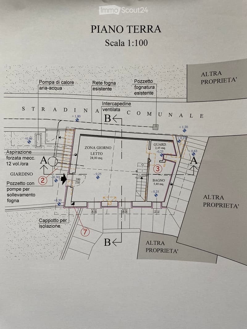Ground floor plan showing living area, bedroom, bathroom, and garden with mechanical ventilation and drainage details.