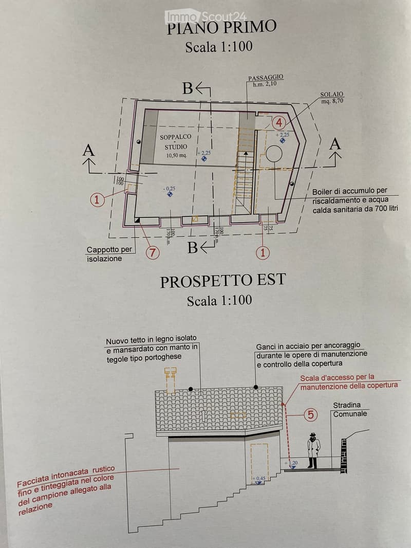 Floor plan of the first floor showing a studio, staircase, and boiler area. Includes measurements and annotations for structural details.