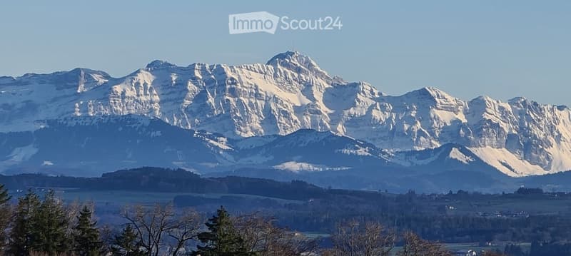 Panoramic view of snow-capped mountains and a valley with scattered trees and a body of water in the foreground.