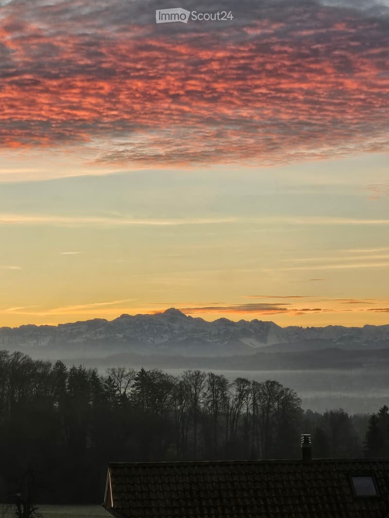 A serene view from a rooftop terrace showcasing a picturesque mountain range at sunset, with a clear sky transitioning from warm orange to deep blue hues, surrounded by silhouettes of trees and a distant forest.