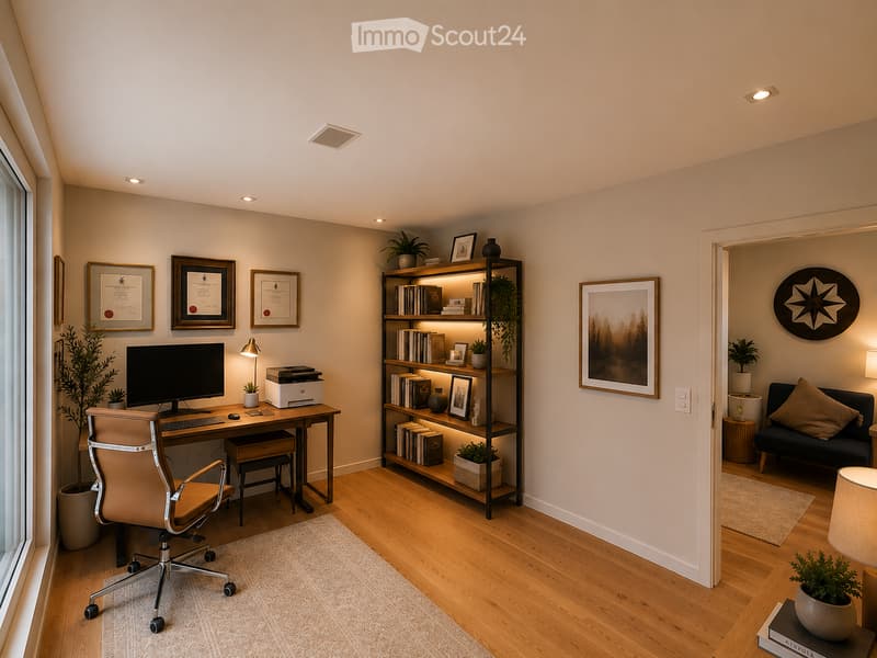 A modern, well-lit home office with a wooden floor, large window, and a sleek desk setup. The room features a comfortable office chair, a large computer screen, a printer, and a bookshelf filled with books and decorative items. A small sitting area with a