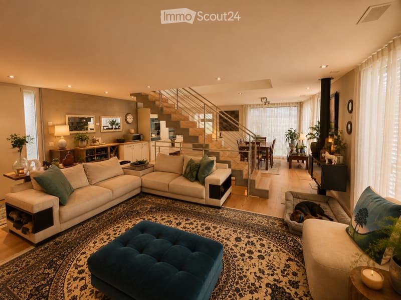 Modern living room with a sectional sofa, ottoman, dog bed, dining area with table and chairs, large windows, and decorative plants.