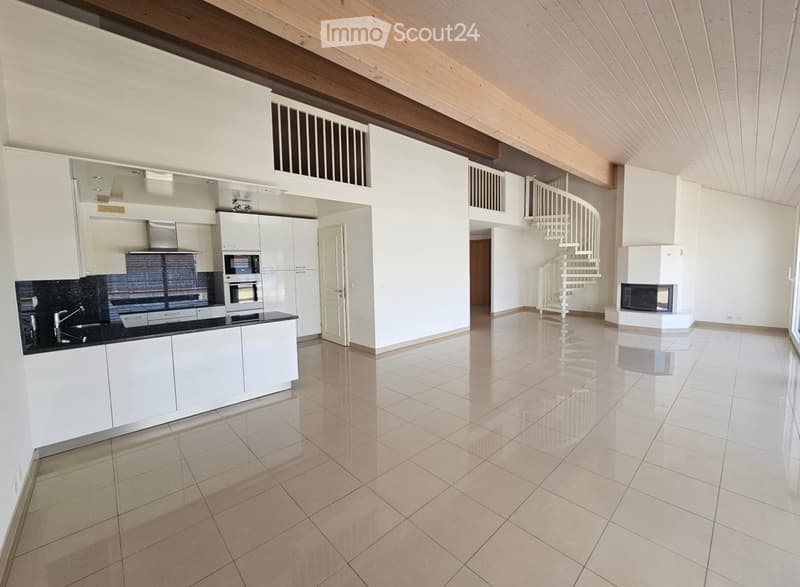 Modern kitchen with white cabinets, black countertop, stainless steel appliances, and a fireplace in the adjacent living area.