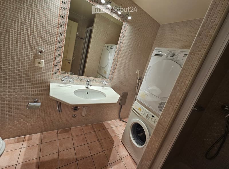 Bathroom with a white sink, mirror, washing machine, and toilet. The walls are tiled with small, light brown tiles, and the floor is tiled with larger brown tiles.