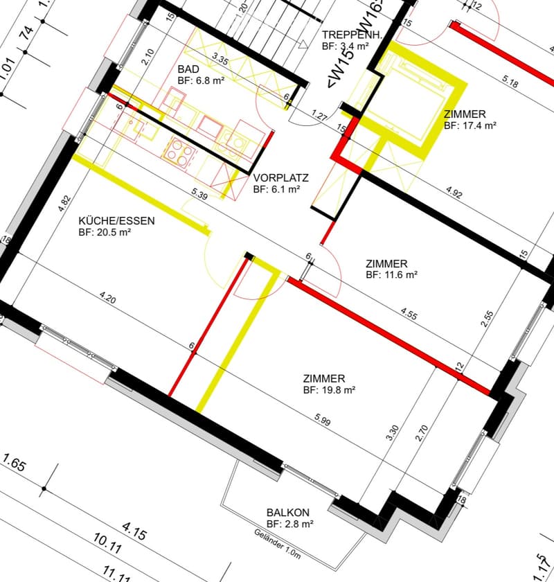 Floor plan showing a kitchen/dining area, bathroom, hallway, three bedrooms, and a balcony. Dimensions and floor areas are labeled.