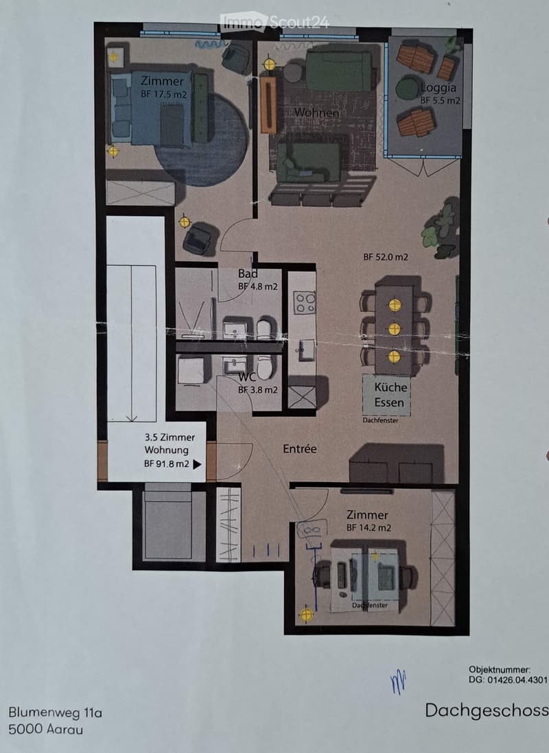 Floor plan of a 3.5-room apartment on the top floor, including living room, kitchen, bathroom, WC, and bedroom.