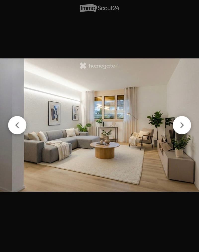 Modern living room with a grey sectional sofa, wooden coffee table, armchair, TV stand, and decorative plants.