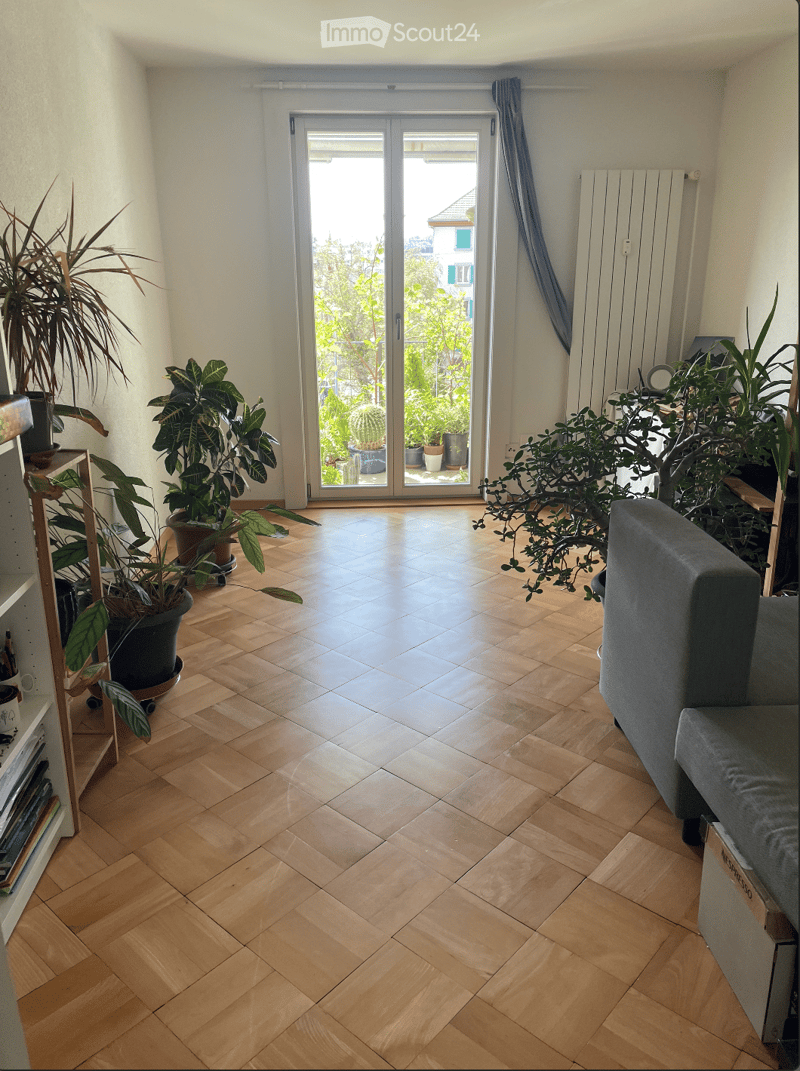 Bright living room with wooden herringbone flooring, large sliding glass door leading to a balcony, grey sofa, bookshelf, and several potted plants.