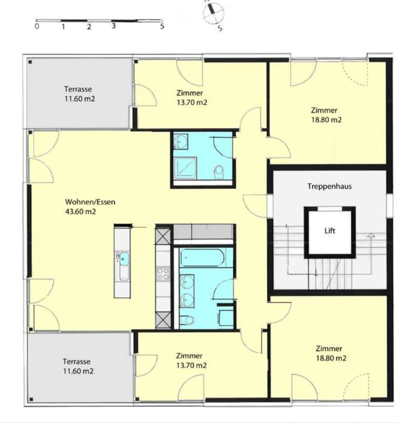 Floor plan showing a living/dining area, three bedrooms, two bathrooms, two terraces, staircase, and elevator.