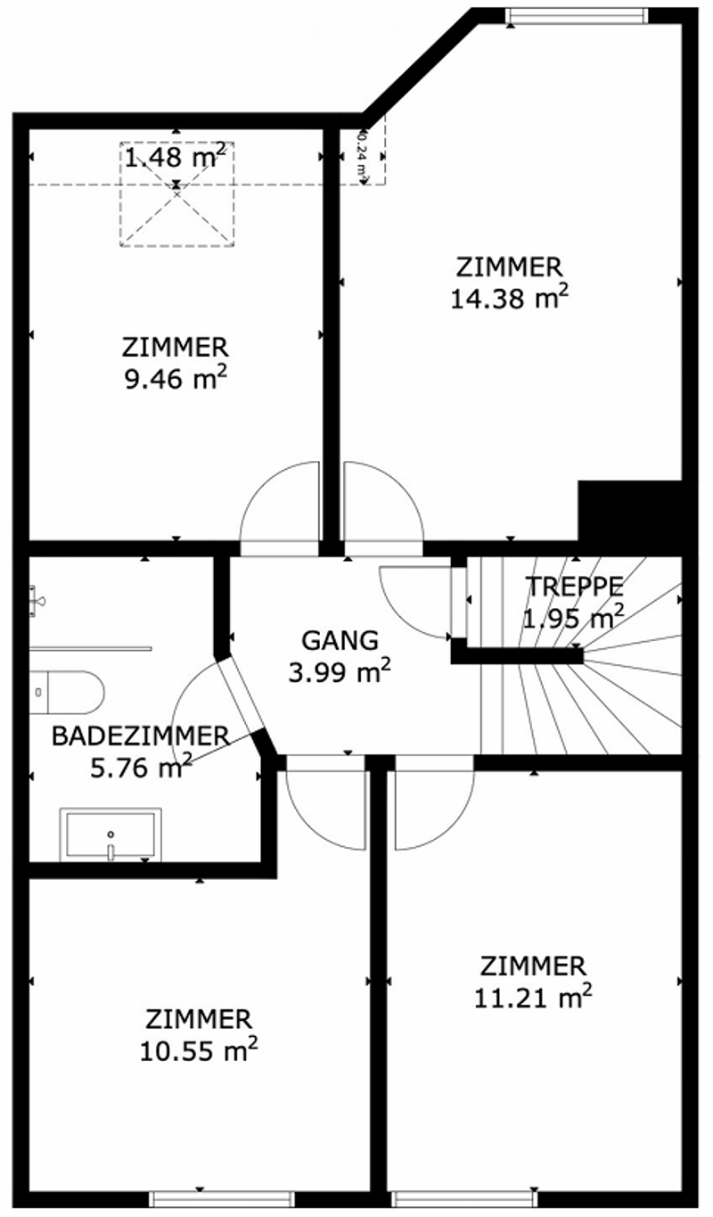 Floor plan of a residential space featuring multiple rooms including a hallway, two bedrooms, a bathroom, and a staircase leading to an upper level.