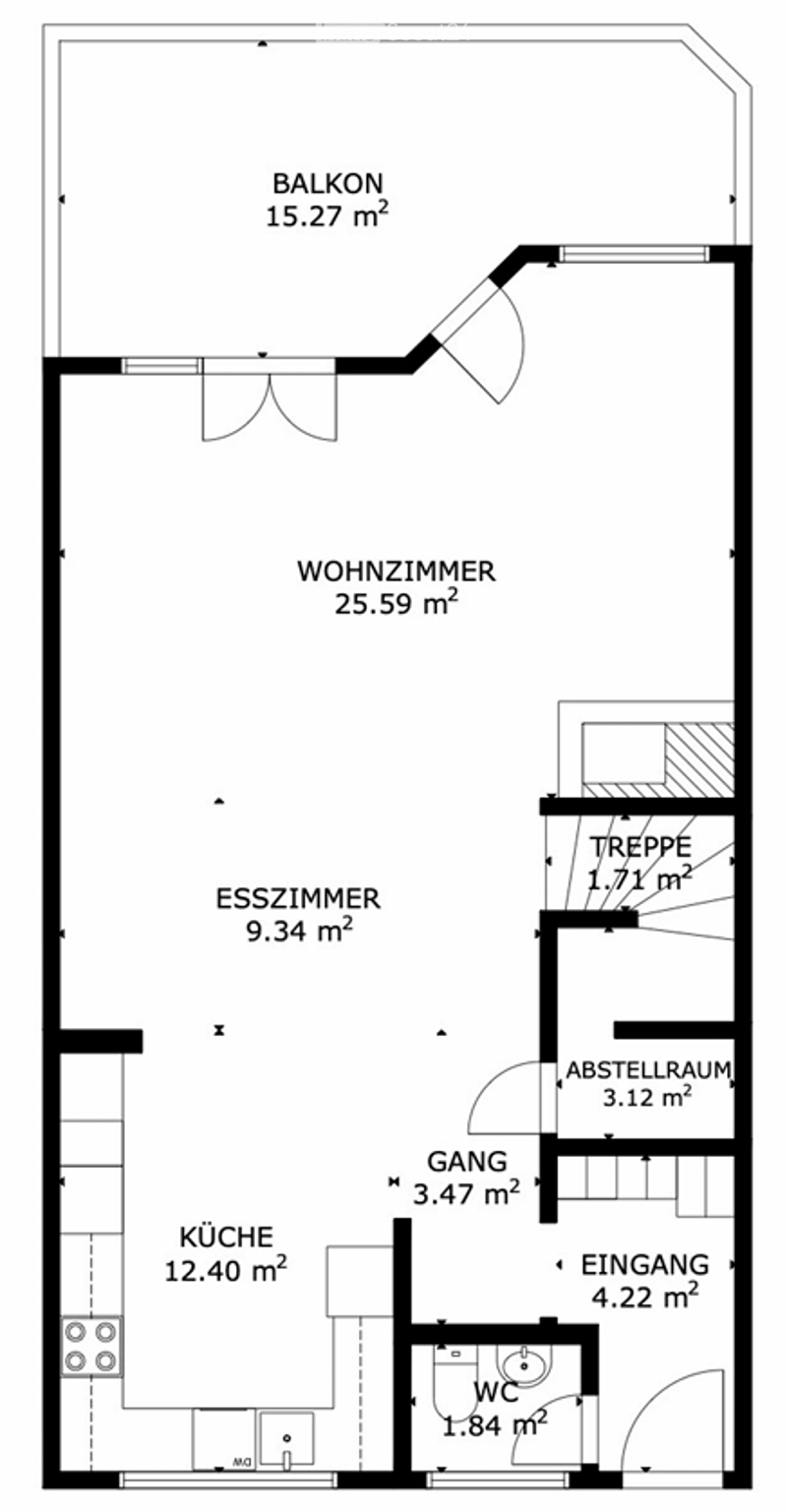 Floor plan of a 1-bedroom apartment with a living room, dining room, kitchen, hallway, entrance, bathroom, and balcony.