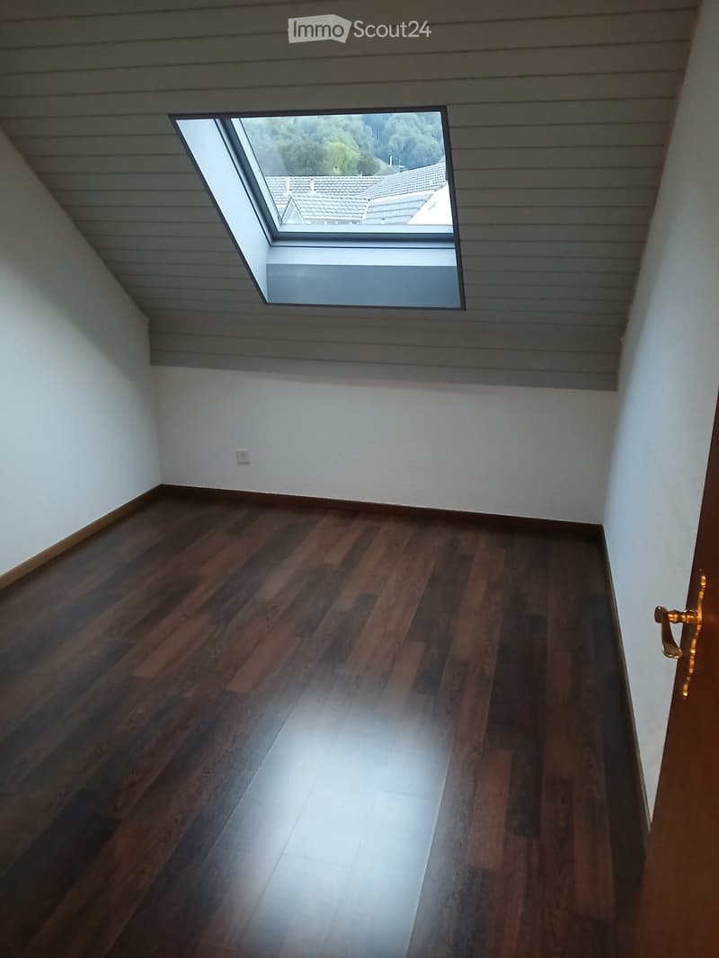Empty room with wooden flooring, white walls, and a skylight window showing a view of rooftops and trees.