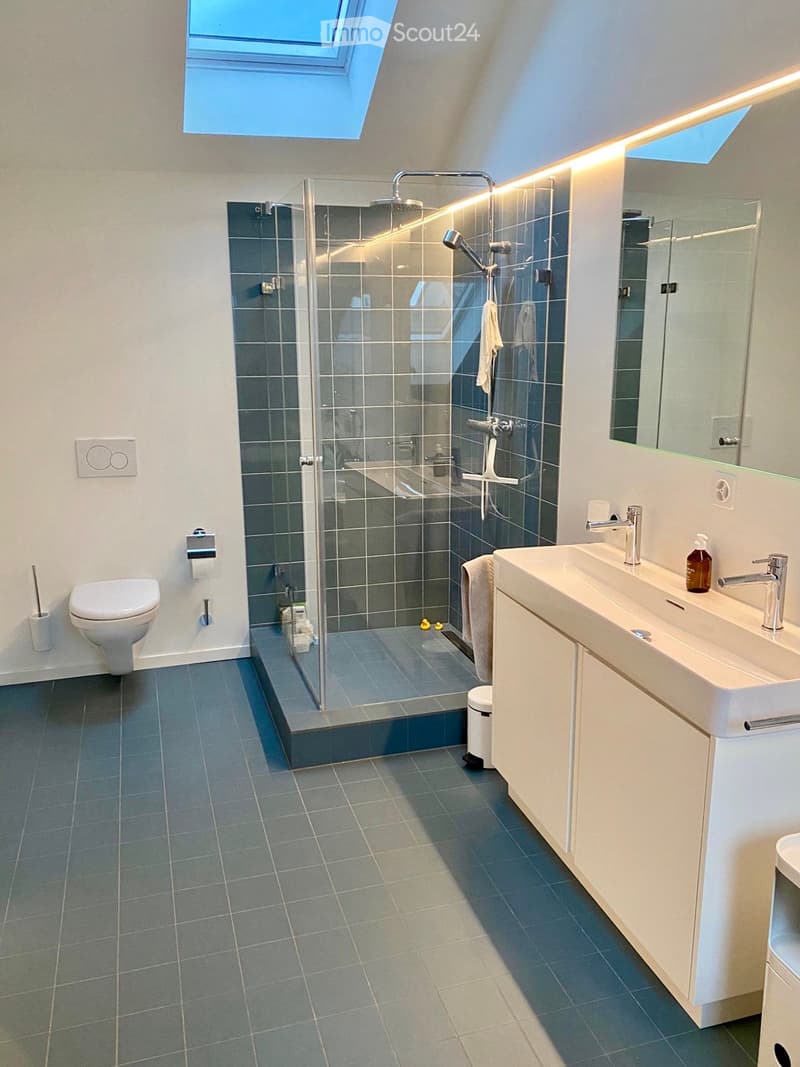 Modern bathroom with grey tiles, white fixtures, a glass-enclosed shower, and a double sink vanity.