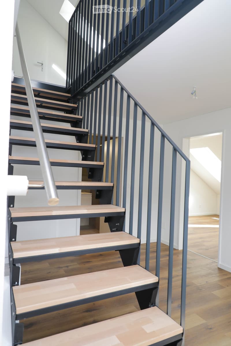 Modern staircase with wooden steps and dark blue railings, leading to an open area with wooden flooring and white walls.