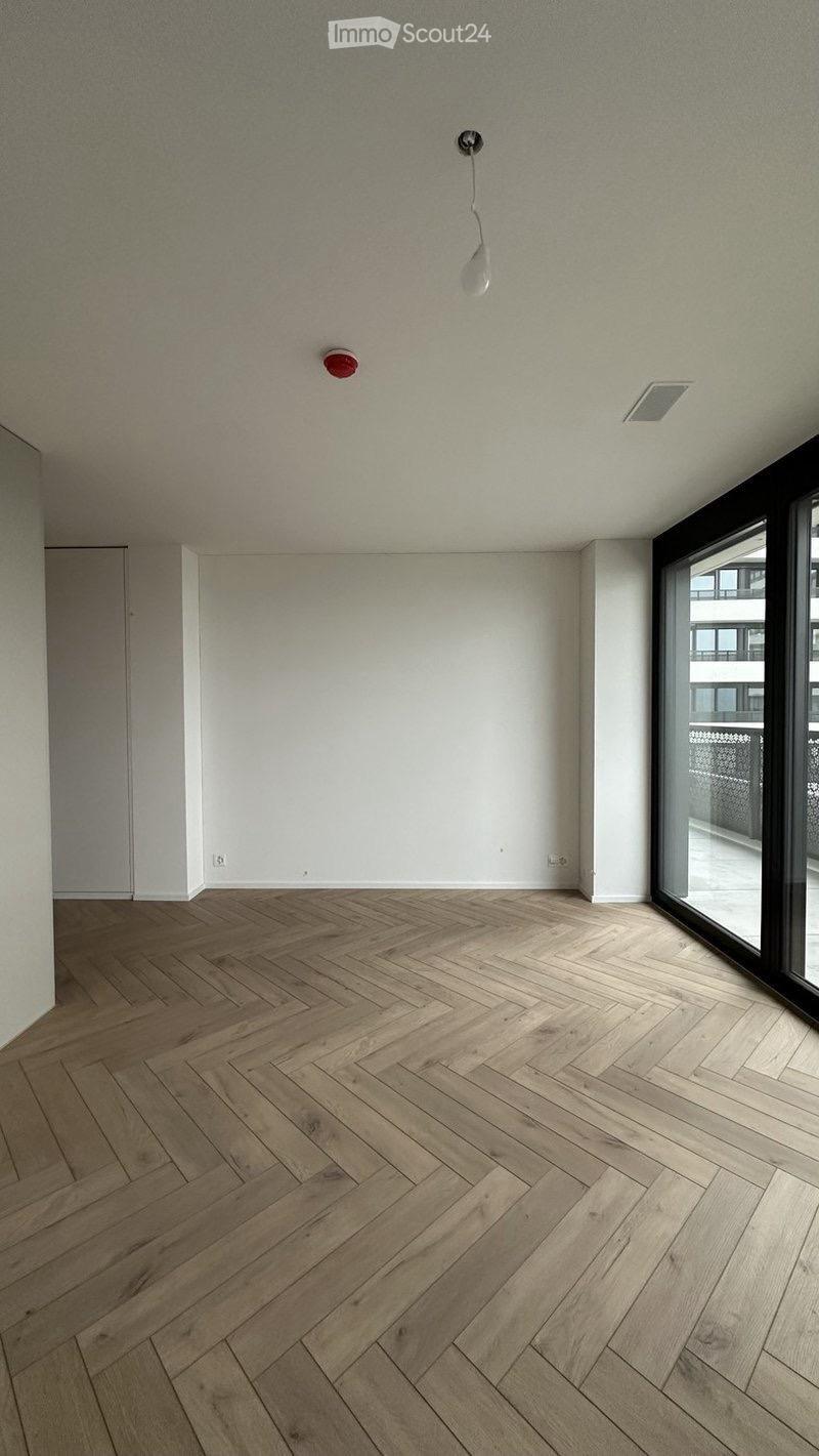 Empty room with light wooden herringbone flooring, white walls, and large windows with a view of a balcony area.