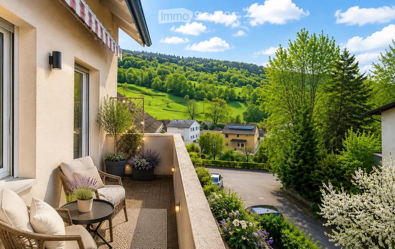 Balcony with wicker chairs, small table, potted plants, and scenic countryside view.