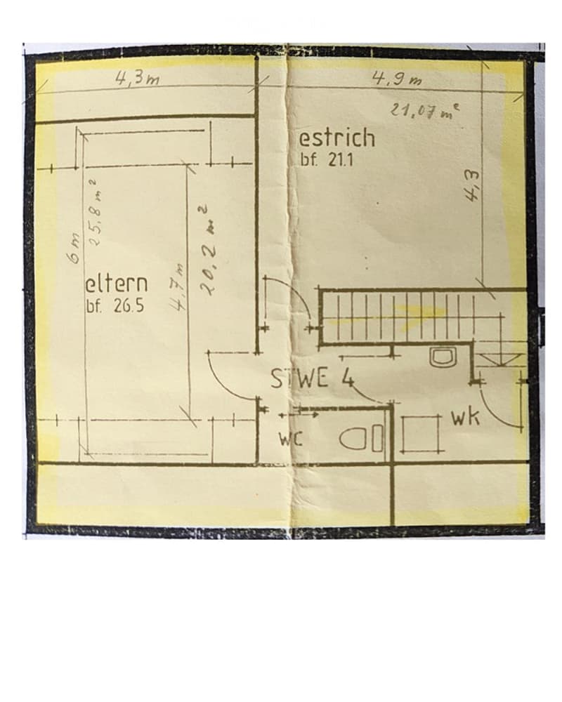 Floor plan showing two rooms labeled "eltern" and "estrich" with dimensions and labels for windows, doors, and other features.