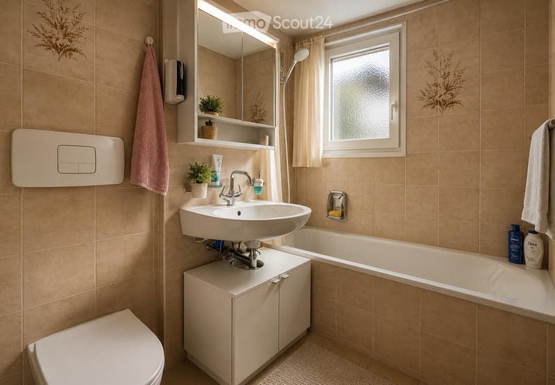 Modern bathroom with beige tiles, a white sink with a chrome faucet, a large mirror with built-in shelves, a bathtub, a toilet, and a window with a curtain. There are towels, a small plant, and toiletries visible.