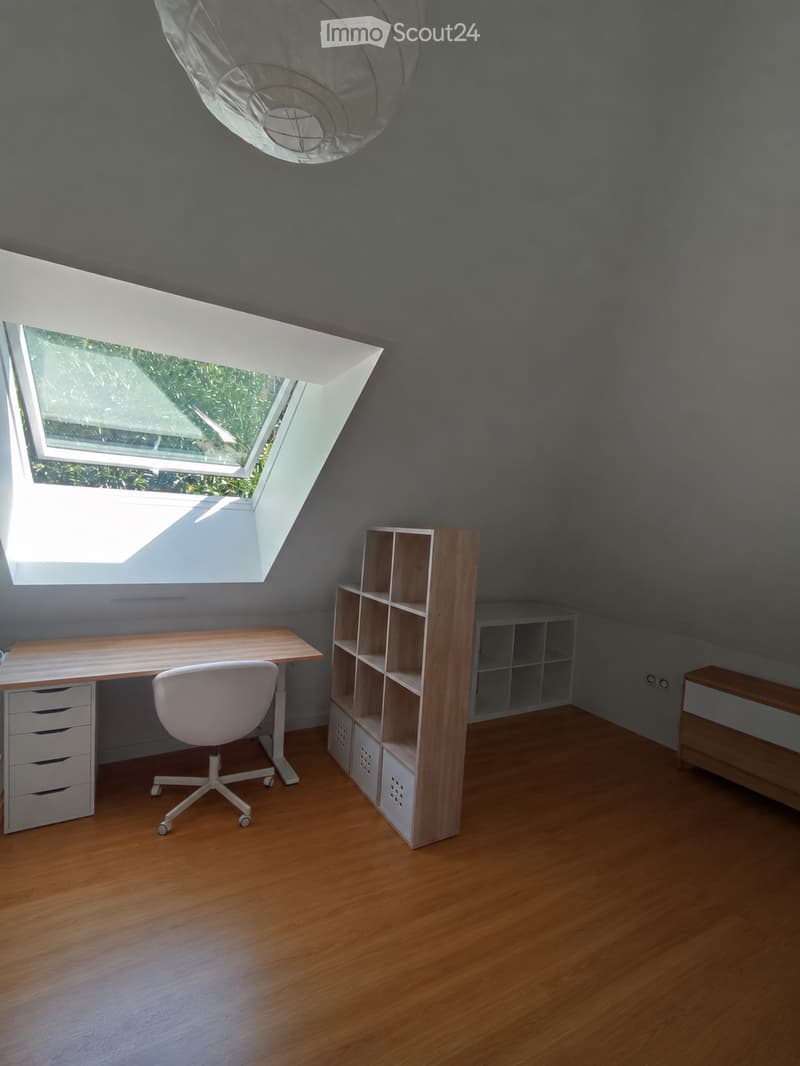 Bright, modern room with wooden flooring, a large skylight window, a white desk with a chair, and wooden shelving units.