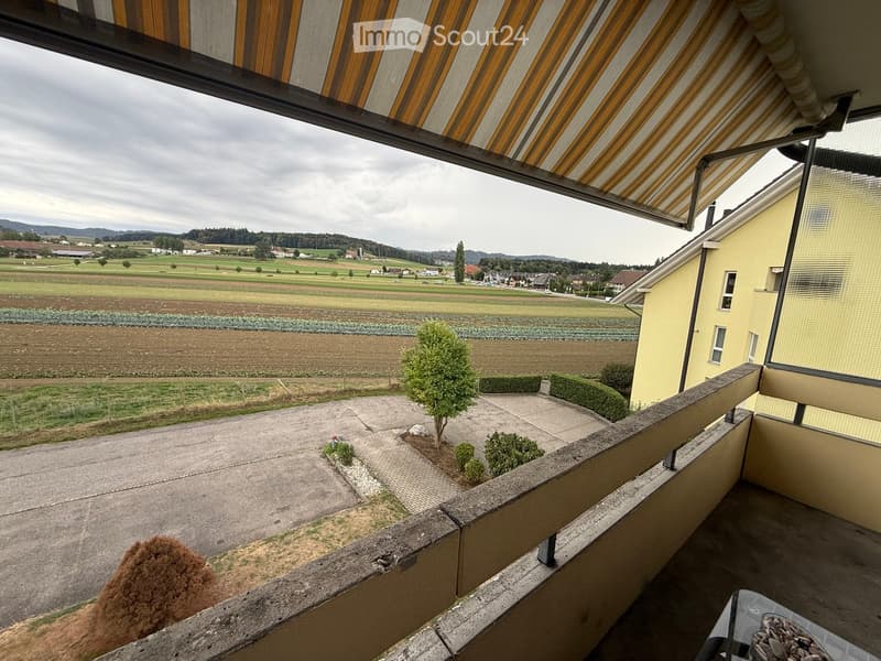 Balcony with a view of a rural landscape, including fields, a driveway, and a small garden area with shrubs and a tree. The balcony has a concrete railing and a striped awning.