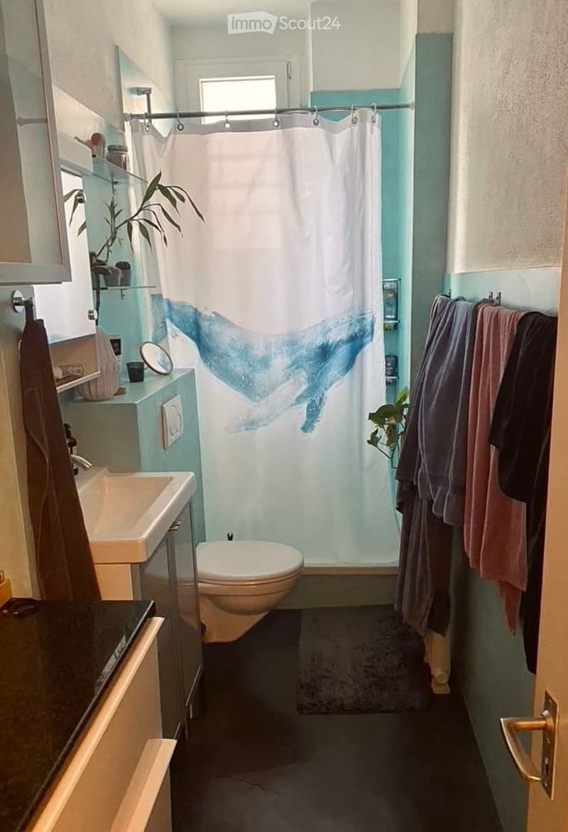 A modern bathroom with a white whale shower curtain, a sink, a toilet, a towel rack with towels, a mirror, and a small plant on the windowsill.