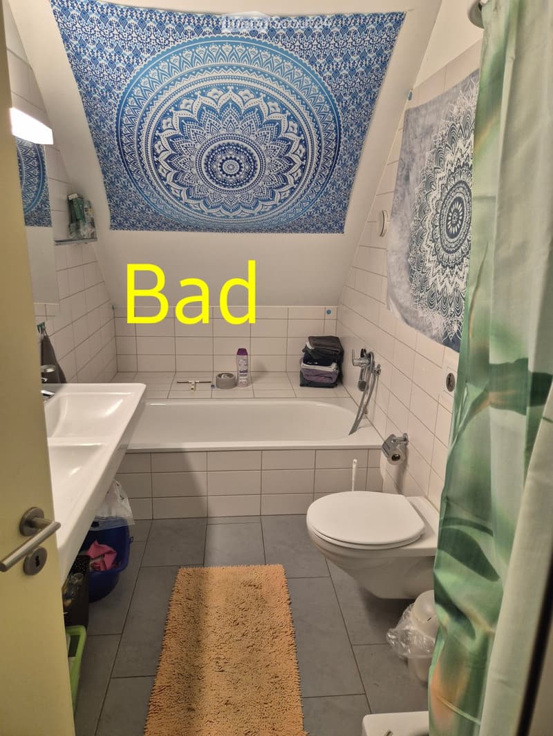 Bathroom with a bathtub, toilet, sink, shower curtain, and a small rug on the floor.