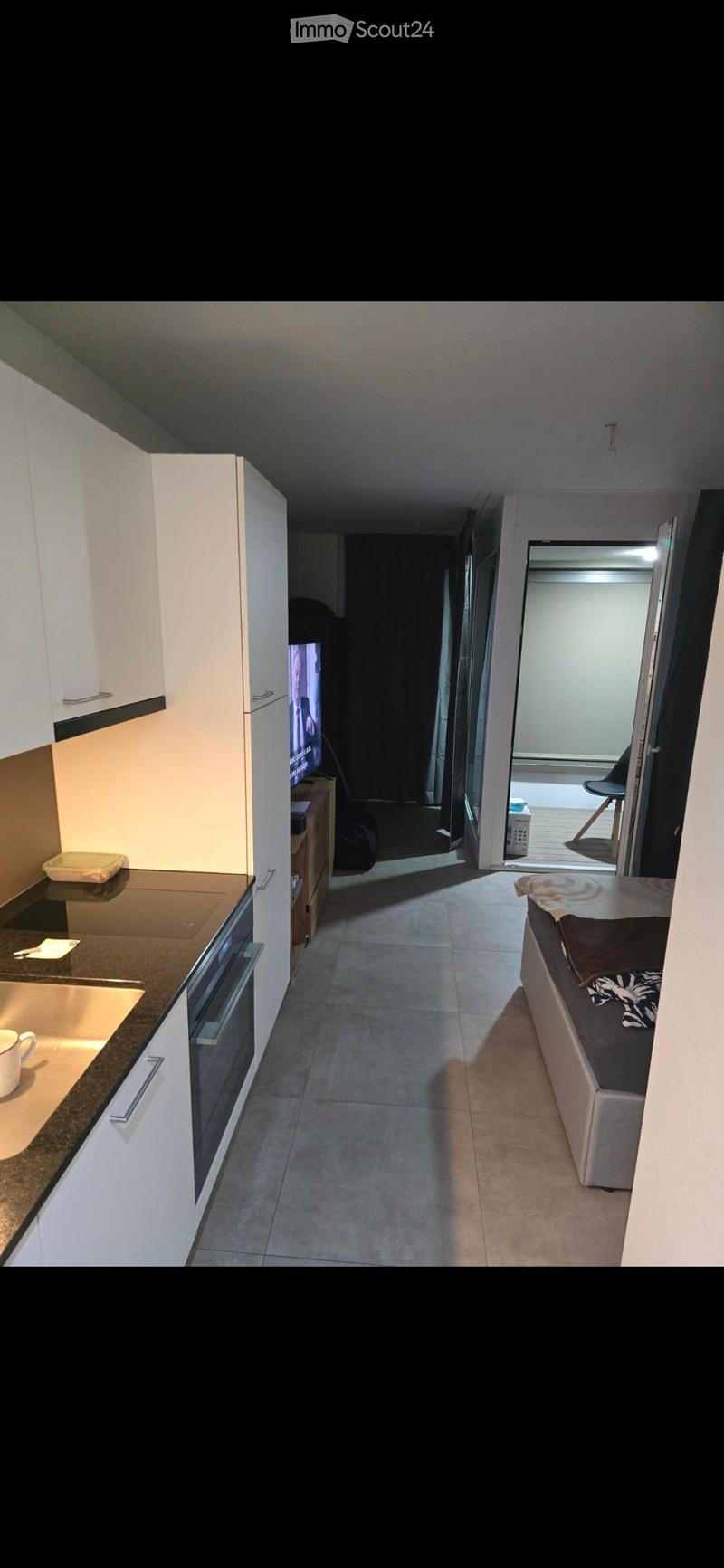A modern, compact studio apartment with a kitchen area featuring white cabinets, a sink, and an oven, and a living area with a sofa and a screen. The space is well-lit with natural light coming from a window leading to a balcony.