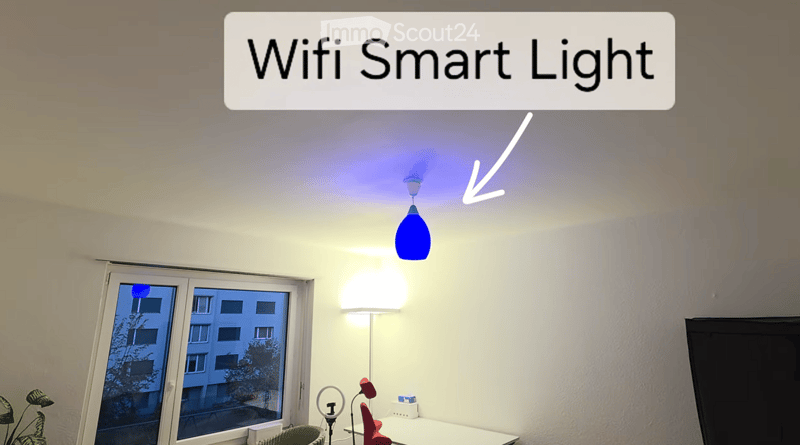 A modern room with a white table, a chair, a floor lamp, a screen, and a plant near the window. A WiFi smart light is shown hanging from the ceiling.
