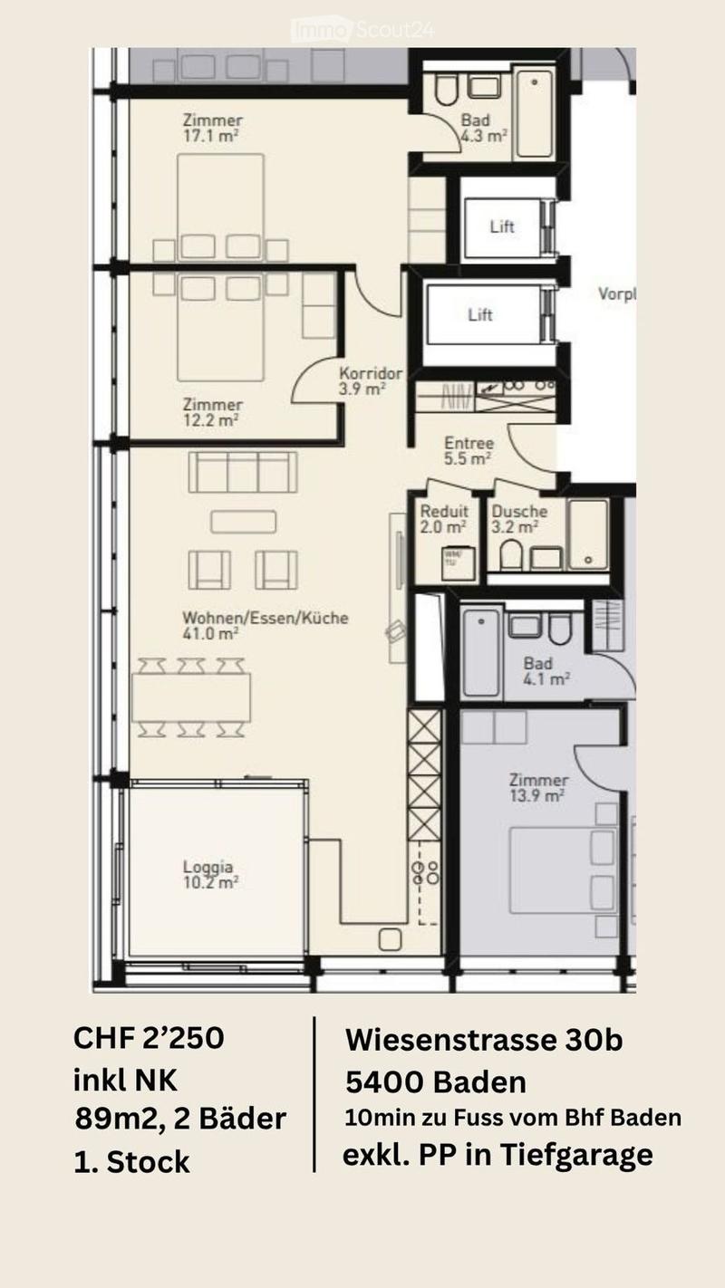 Floor plan of a 89m² apartment on the first floor, featuring2 bathrooms, a living/dining/kitchen area, bedrooms, a loggia, and a corridor.