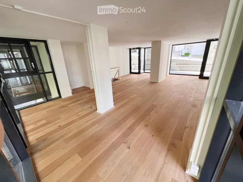 Empty hallway with light wooden flooring, white walls, and large glass doors leading outside.