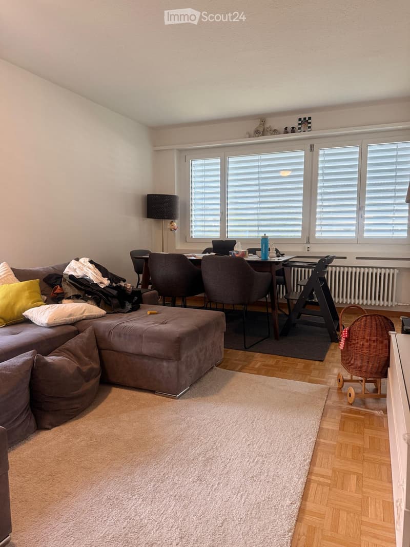 Living room with a sectional sofa, ottoman, pillows, a dining table with chairs, a baby chair, a wicker basket, a laptop, a cup, and a floor lamp. The room has large windows with blinds, wooden flooring, and a white rug.